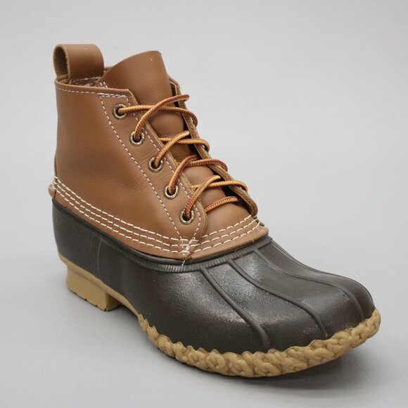 LL Bean Ladies 7 Tan Leather Brown Rubber Short Ankle Duck Boots USA Maine 06009 - Picture 1 of 12